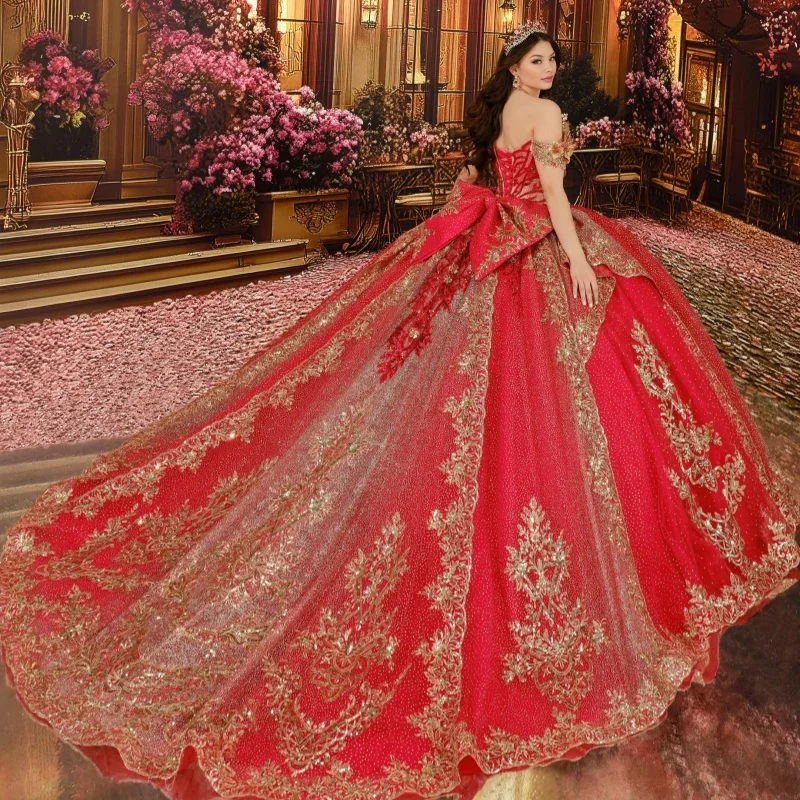 Red Glitter Quinceanera Dresses Off Shoulder Ball Gown Sweet 16 Dress Gold Applique Beads Bow Tull Corset Party Birthday Vestido