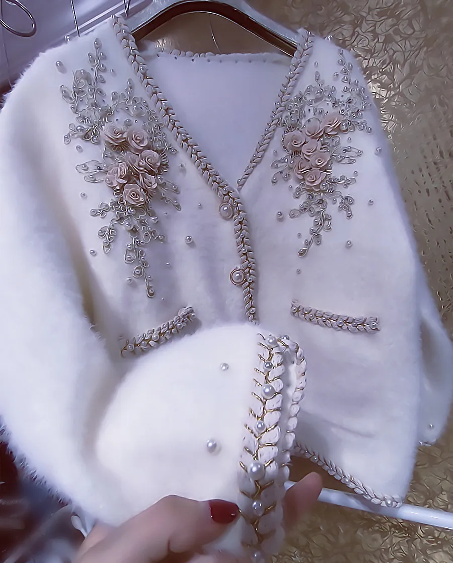 أحجار الراين على شكل زهرة، خرز صناعي ثقيل، لآلئ مهدب، دانتيل سميك، سترة صوفية قطيفة معطرة صغيرة