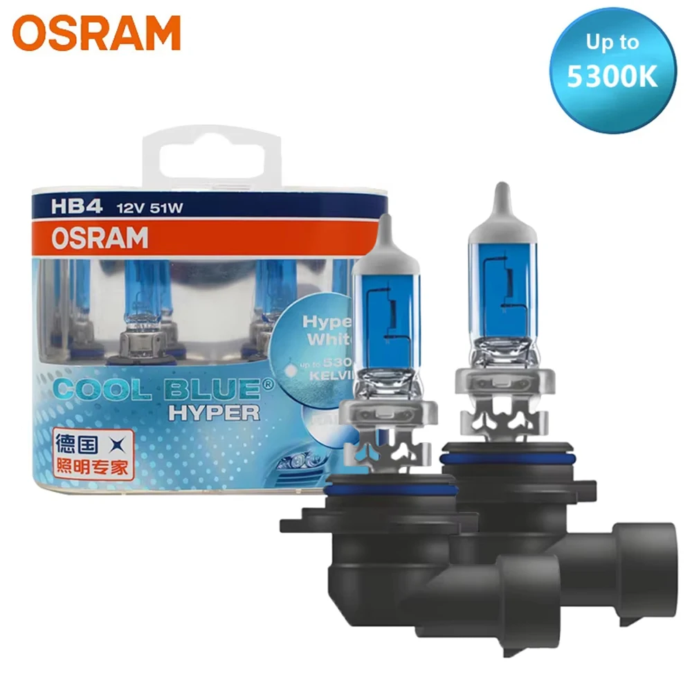 

OSRAM Cool Blue Hyper HB4 9006 Car Halogen Headlight Hi/Lo Beam 12V 55W +50% Bright White Lamp Original Genuine 9006CBH,Pair