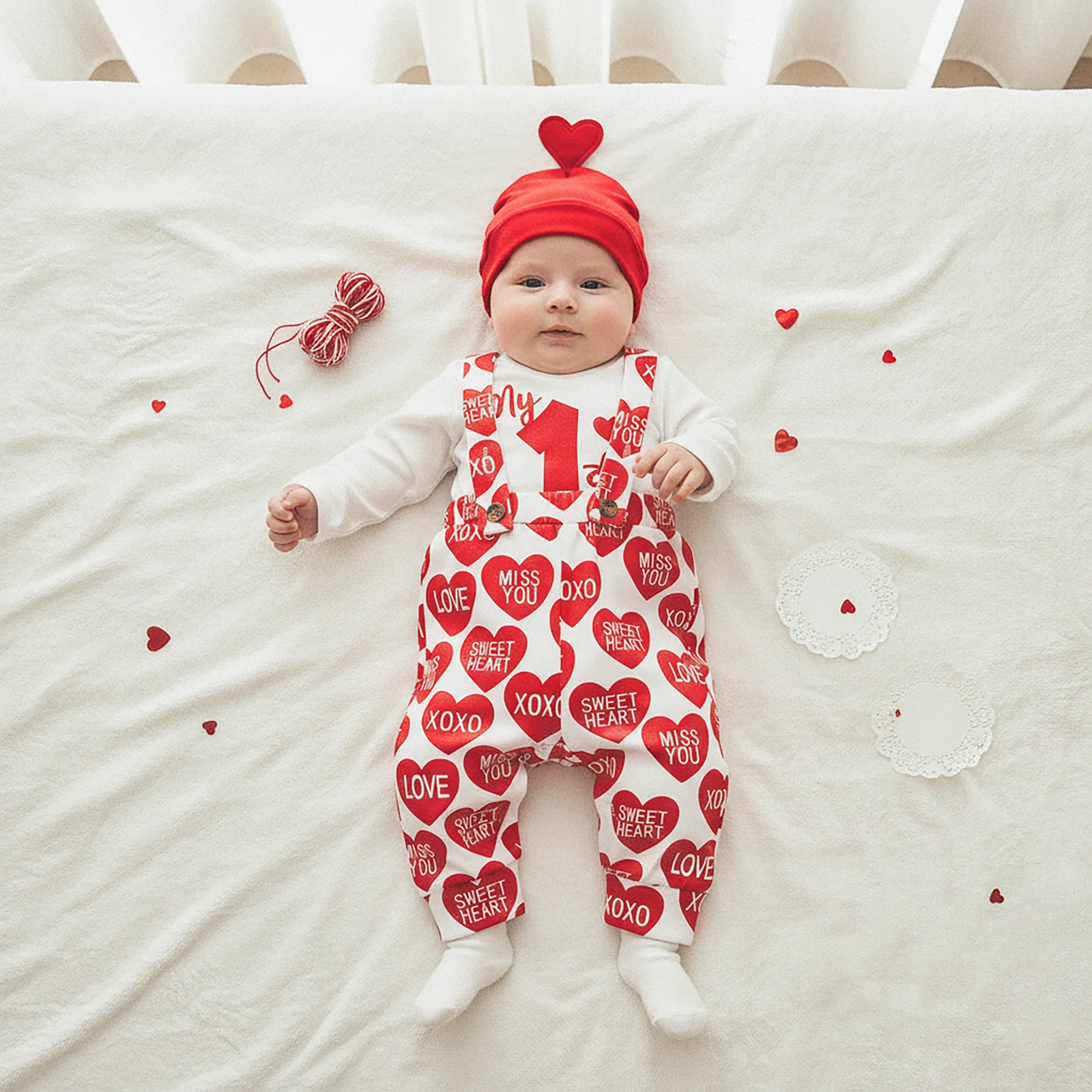 3pcs Set Baby Boy's Valentines Clothing Sets Fashionable Heart Printed Long Sleeve Romper with Pants Hat Boys Outfits