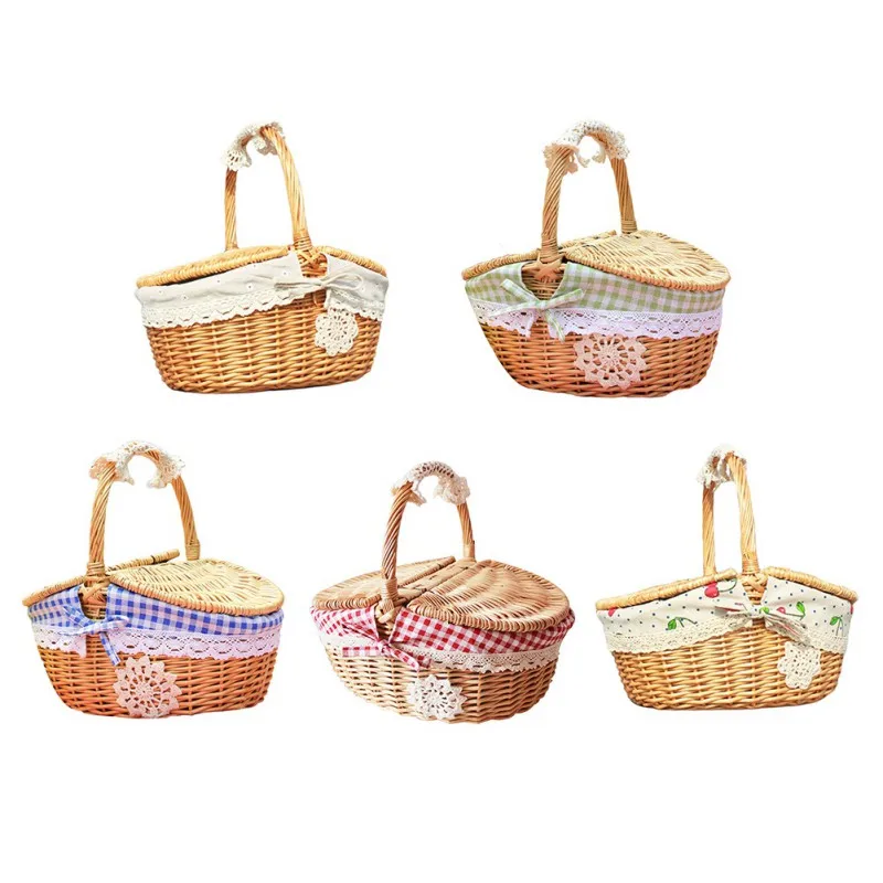 Outdoor Picnic Basket Handmade Wicker Basket with Handle Lid Camping Storage Basket Food Container Fruit Flower Display Box