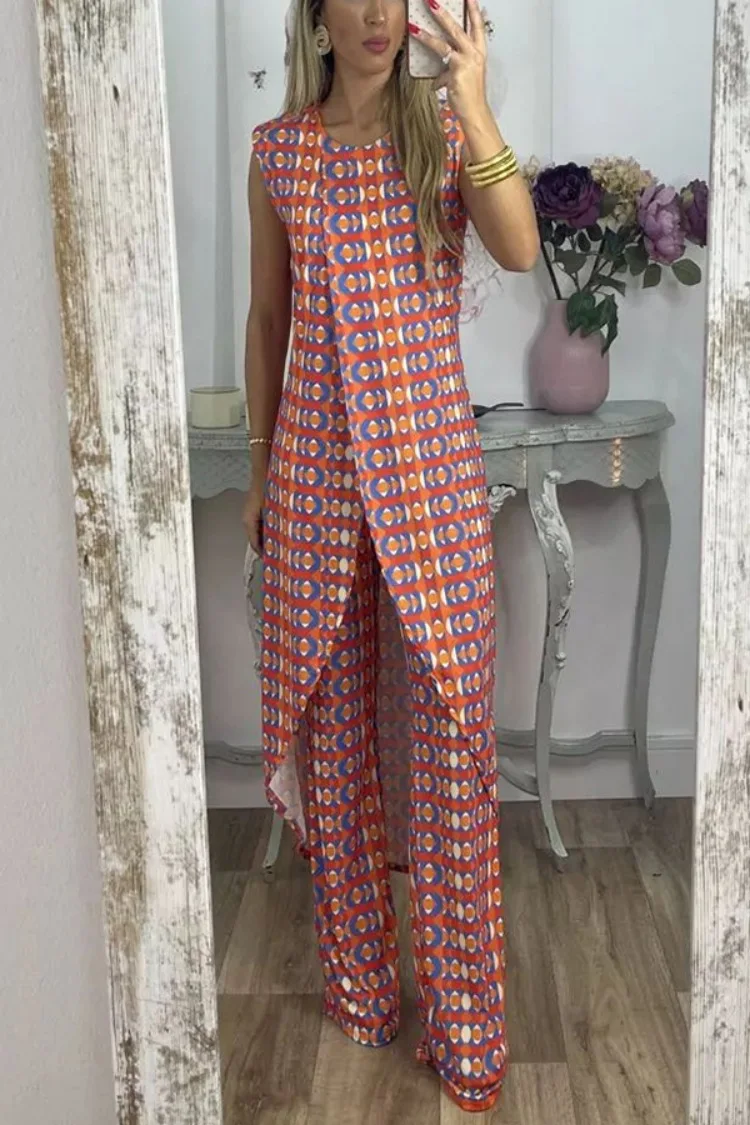 

Casual Boho Print 2 Piece Set Fashion O-neck Sleeveless Split Spliced ​​vest Extended Top Elastic Waist Trousers Suit Women