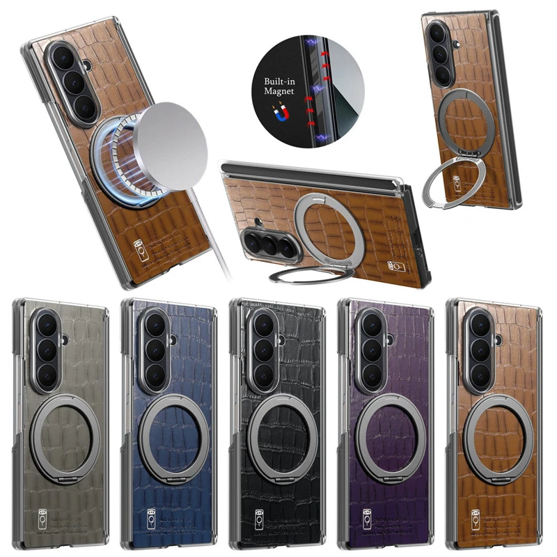 Crocodile Pattern Leather Magnetic Case With Hinge Protection For Samsung Galaxy Z Fold8 Ultra 7 6 360 Rotation Ring Stand Cover