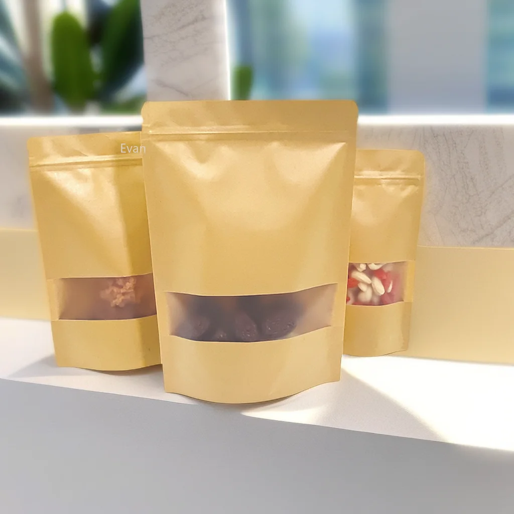 Bolsas de papel Kraft de 50/100 Uds., embalaje de bolsas de pie, bolsas de embalaje de alimentos con ventana, bolsas de café con cremallera para pequeñas empresas