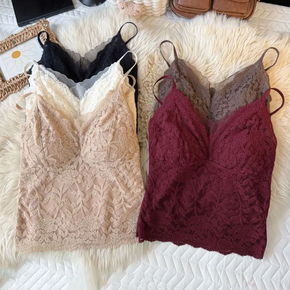 Mesh Flower Slim Lace Crop Top Bottoming Shirt Sweet Girl's Vest Top Spicy Girls Style Summer Camisole with Pads Lady