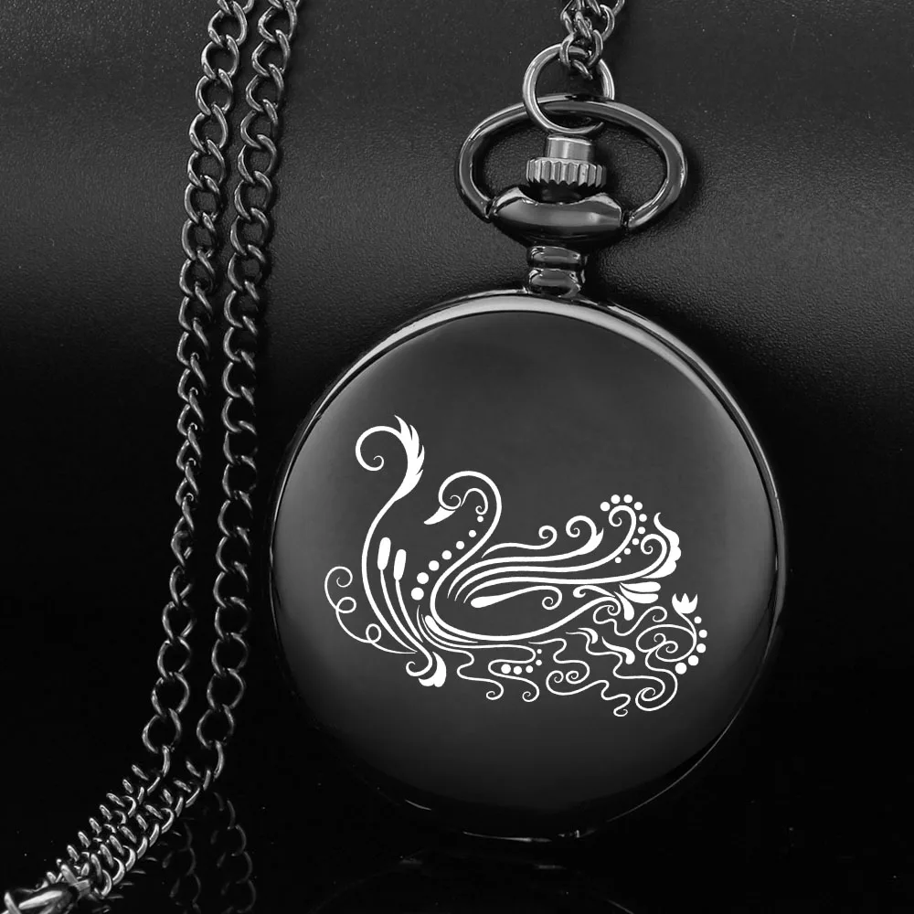 

A beautiful swan exquisite design carving english alphabet face pocket watch a chain Black quartz watch perfect gift