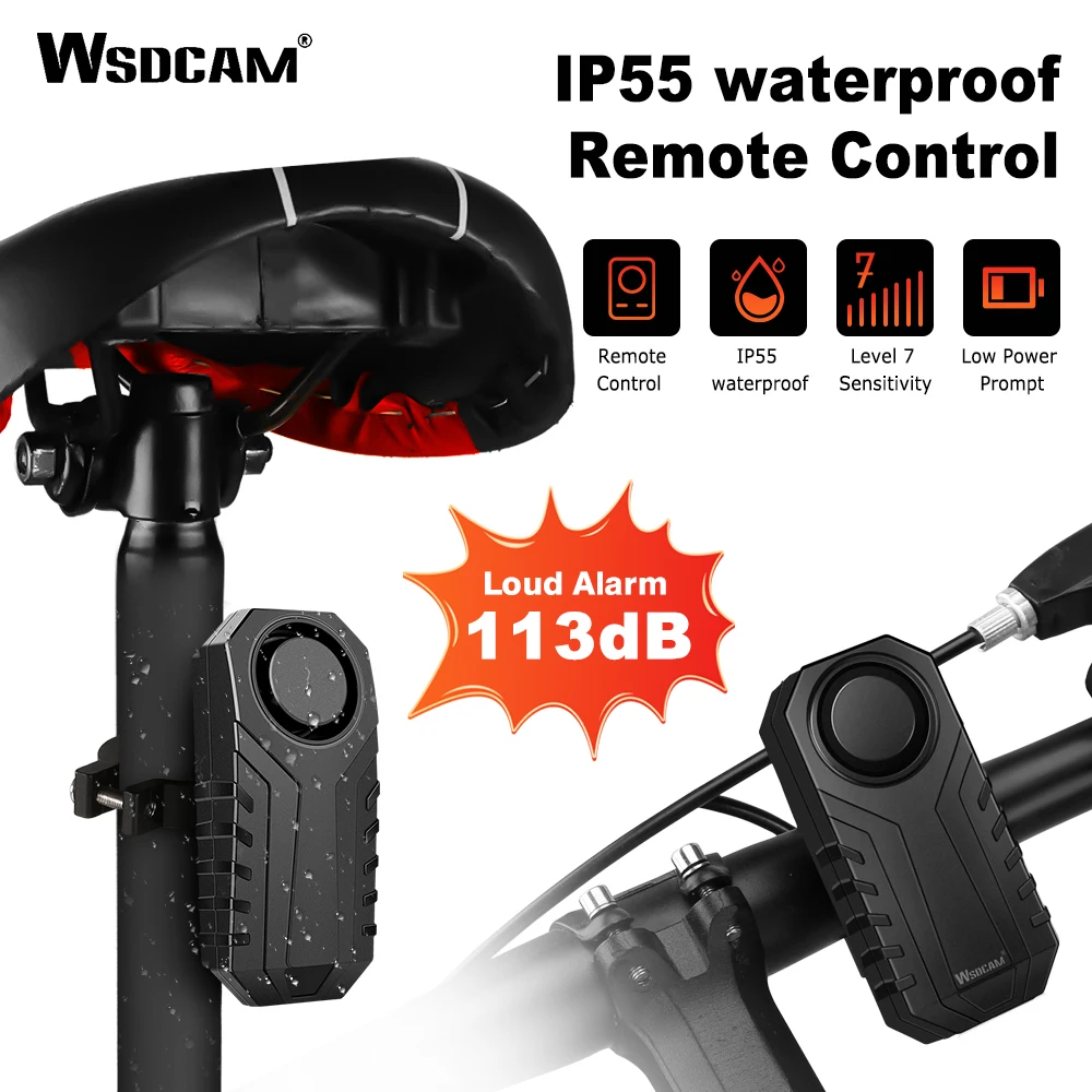 Wsdcam controle remoto alarme da motocicleta 113db à prova dwireless água sem fio bicicleta alarme de proteção segurança anti roubo carro elétrico