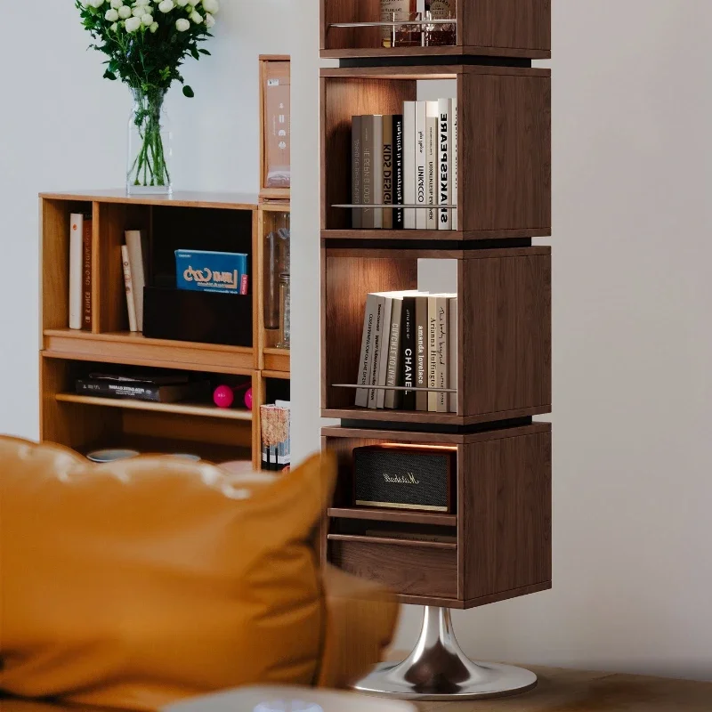 Solid wood rotating bookshelf full-body mirror cabinet living room solid wood book and newspaper shelf with ambient light