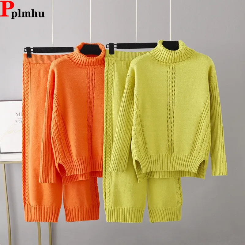 

Fall Winter Knit 2 Piece Sets Women Turtleneck Knitwears Soft Sweater Pullover Tops Conjuntos Casual Elastic Waist Pants Outfit