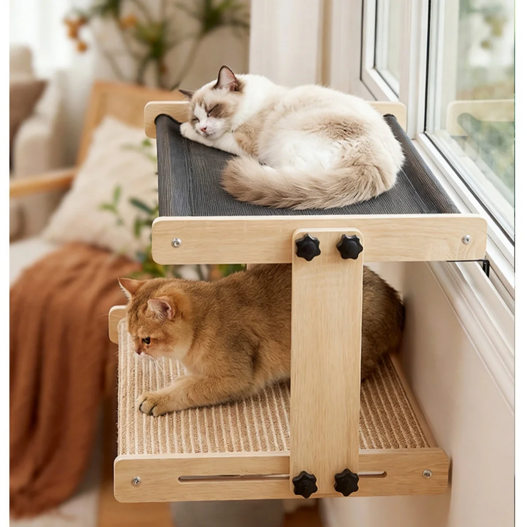 Cat Window Bed Floating Wooden Pet Furniture Window Canvas Bed for Home Hammock Bedroom Balcony Study Bedside