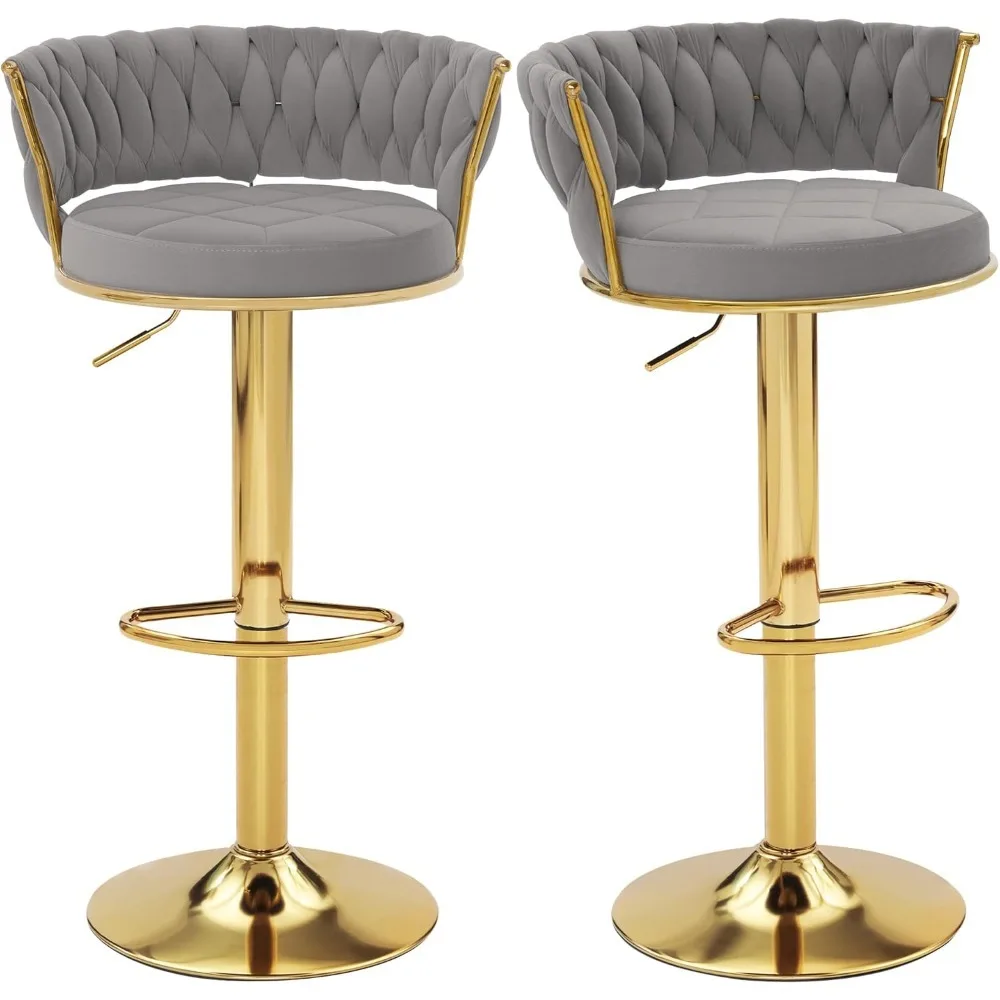 

Bar Stools Set Of 2, Adjustable Barstools Counter Height Stools With Back And Arm, Velvet Woven Kitchen Island Stools W/gold Me