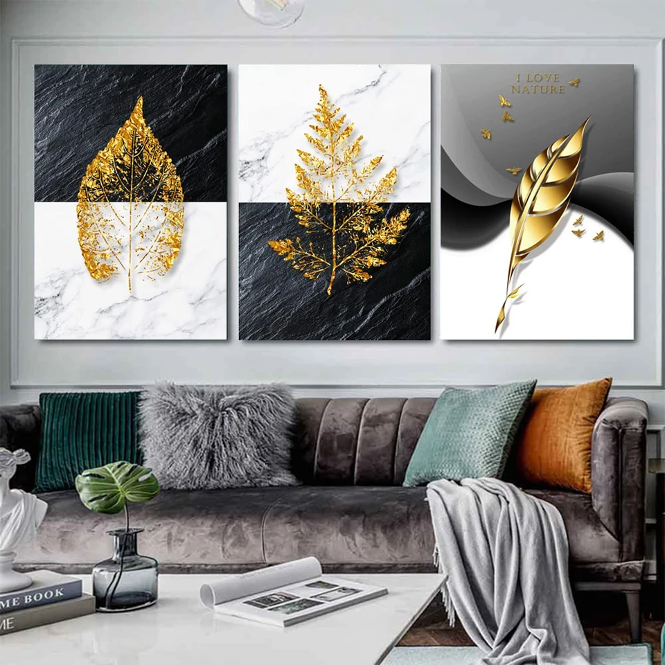 Diamond Painting Yellow Grey Black and White Plant Leaf Triptych Diamond Mosaic Embroidery Abstract Art Black and White 3pcs/set