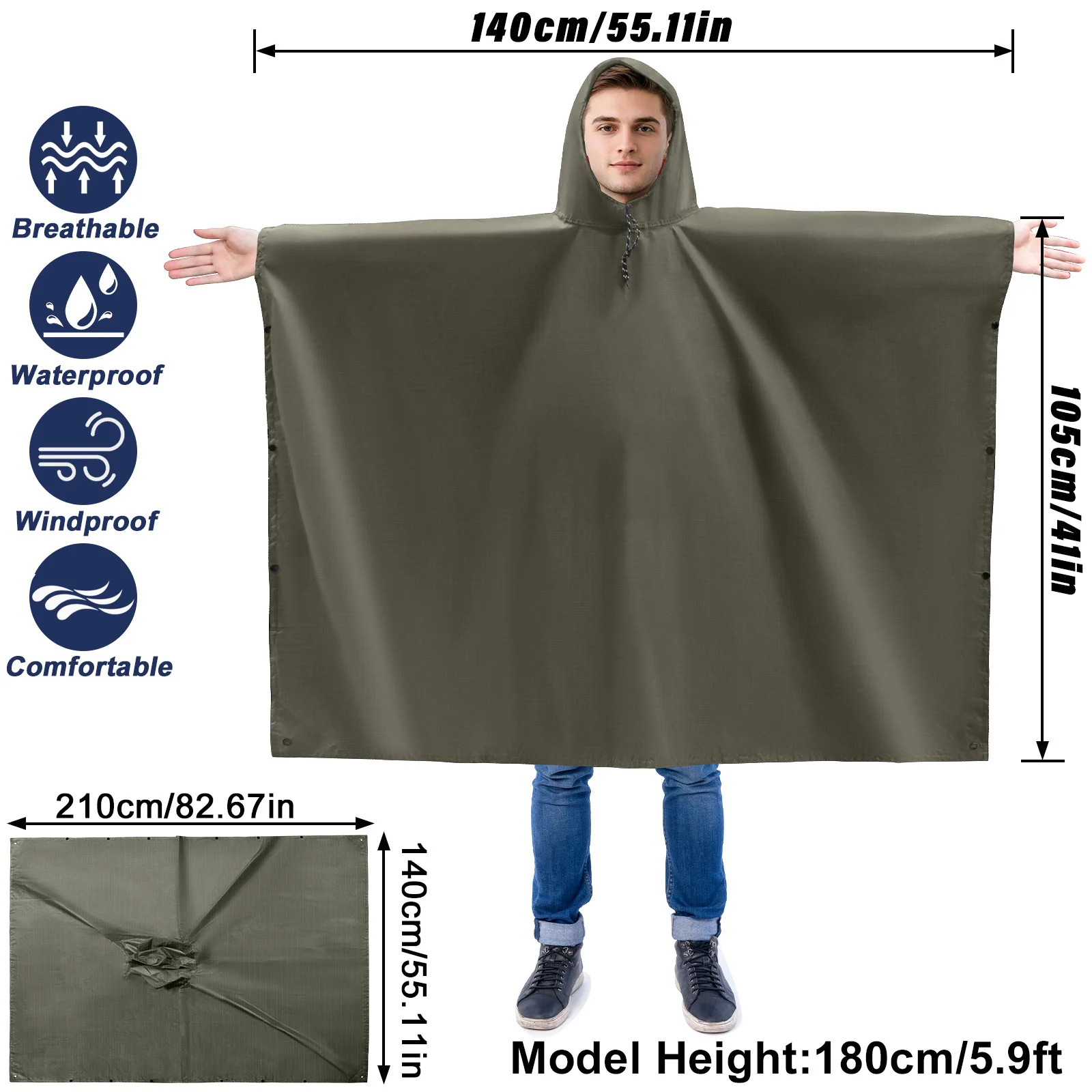 معطف مطر للبالغين معطف واق من المطر خفيف الوزن مقاوم للماء مع خيمة ملابس ضد المطر بغطاء للرأس ﻿ لصيد الأسماك في الهواء الطلق والمشي لمسافات طويلة والتخييم وركوب الدراجات والسفر
