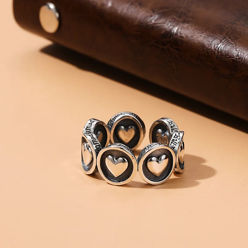 

Punk style pure silver heart heavy industry ring for women, Korean version, personalized Thai silver index finger ring, trendy s