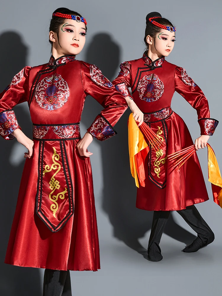 

Red Mongolian Ethnic Girls' Costume Children's Performance Outfit Prairie White Dance Traditional Clothing Tujia