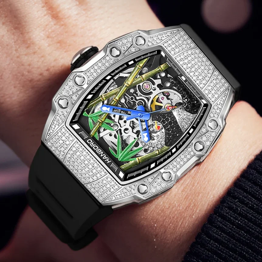 HANBORO Men Automatic Watch 50mm Tonneau Mechanical Wristwatch Luminous 5ATM Waterproof Skeleton Panda Dial