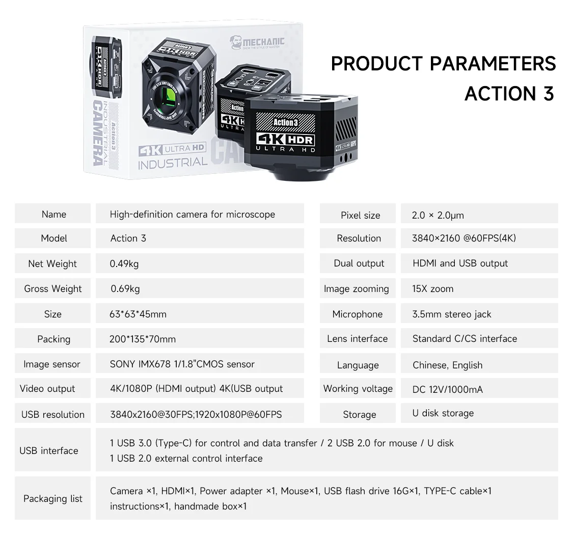 MECHANIC Action 3 4K 60FPS industriële microscoopcamera met 1/1.8" sensor, thermische beeldvorming, HDMI en USB, voor reparatie van printplaten en mobiele telefoons.