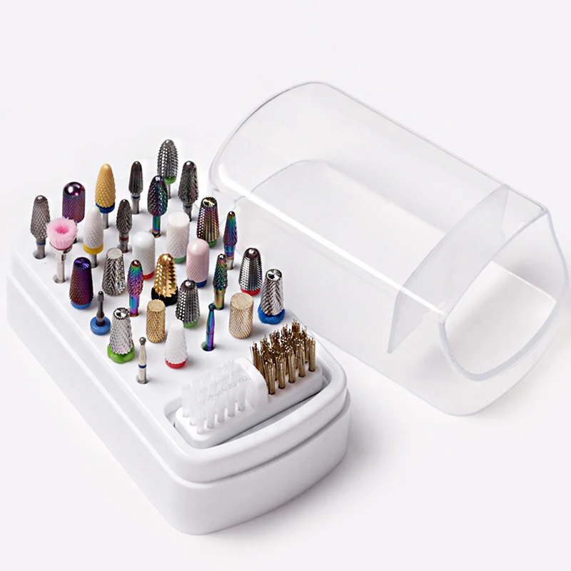 Nail Drill Bits Holder 30 Holes Drill Bits Cleansing Case with Steel Wire & Nylon Brushes Dust Proof Storage Container Box Tools