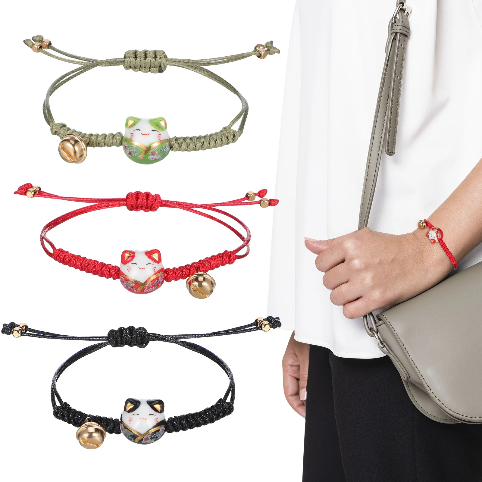 3 pçs maneki neko pulseira gato charme sorte corda pulseira ajustável jóias japonesas para mulheres meninas kawaii moda acessório