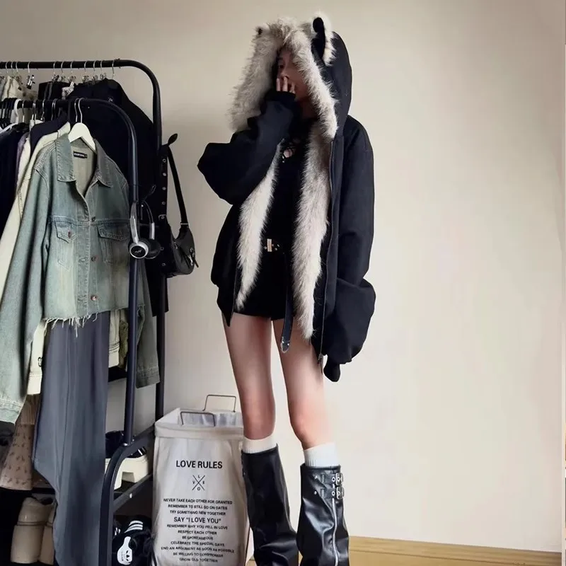 

Black Fleece-collar Padded Cat Ear Coat for Men and Women, New Thickened Autumn and Winter Couple's Cotton Jacket