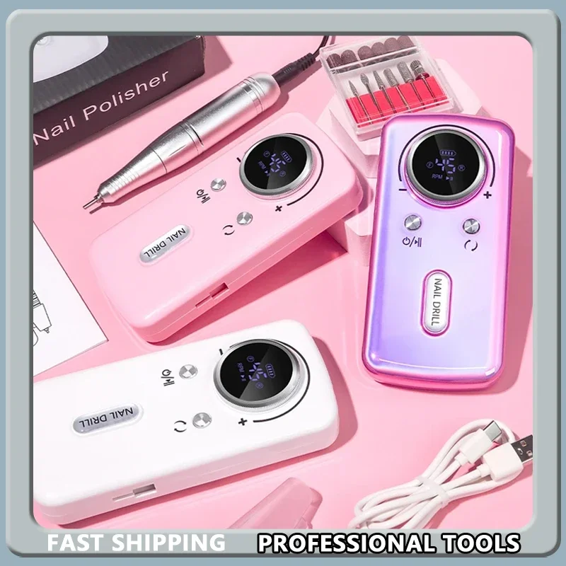 45000RPM Nagelbohrmaschine, elektrische tragbare Nagelfeile, wiederaufladbarer Nagelschleifer für Gel-Nägel, zum Polieren für Zuhause, Maniküre, Salon