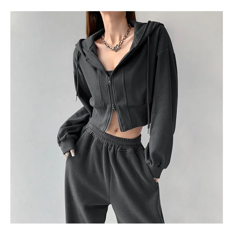 Soft Lightweight Cropped Hooded Jacket Drawstring Hood Zip Up Slim Corset Waist Streetwear Top