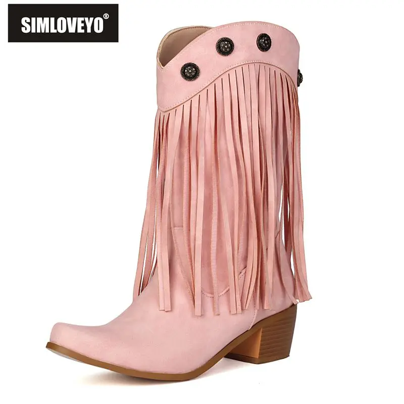 

SIMLOVEYO 2025 Western Boots for Women Square Toe Block Heels Slip-On Tassels Winter Big Sizes 44-46 Fashion Riding Design Pink