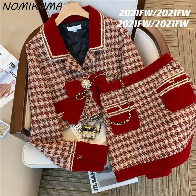 Nomikuma Fashion Plaid 2pieces Sets Chic Bowknot Long Sleeve Short Coat + High Waist A-line Mini Skirt Korean Outfits 2023 New