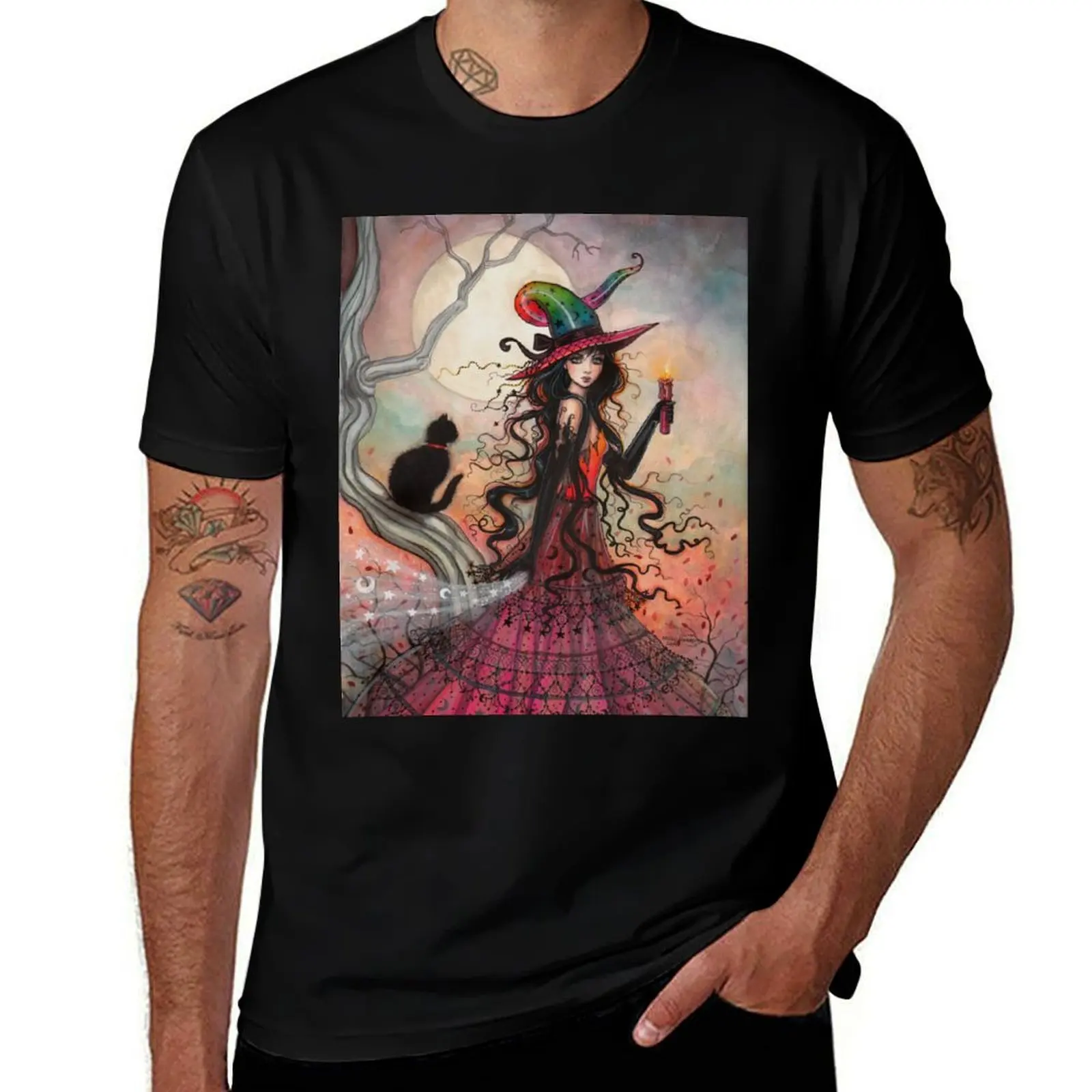 

October Flame Witch Cat Fantasy Art by Molly Harrison T-Shirt man t shirts for men funny t shirts dark humor T-Shirt