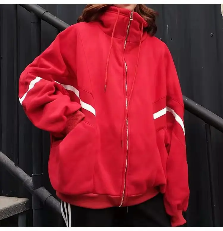 Y2k Hoodie Long Sleeve Kpop Harajuku Drawstring Pocket Sweatshirt 2025 Striped Oversized Zip Up Hoodies Women Retro Jackets