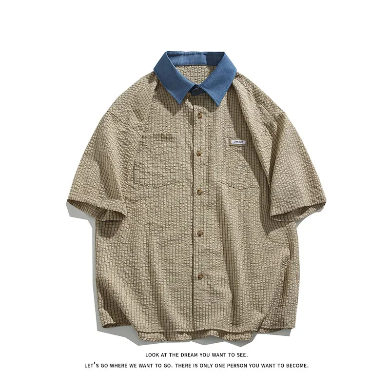 Contrast Checkered Half Sleeved Shirts Men's American Style Retro Summer Cardigan Trendy Loose Casual Shirt
