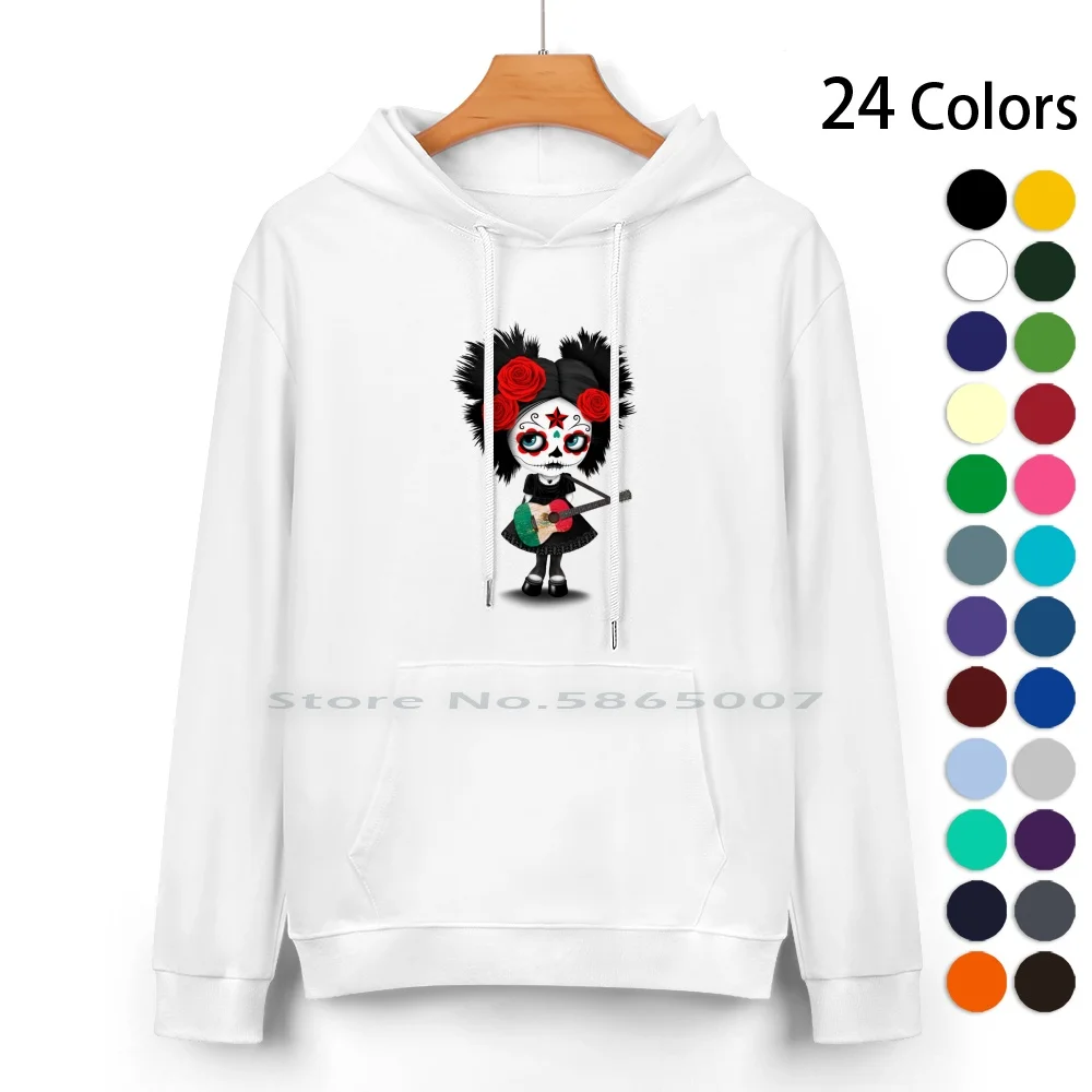 Sugar Skull Girl Playing Mexican Flag Guitar Pure Cotton Hoodie Sweater 24 Colors Day Of The Dead Girl Mexican Day Of The Dead