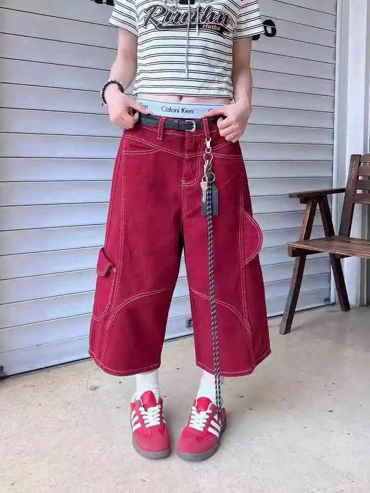 

Красные мешковатые джинсы в американском стиле ретро, женские летние уличные широкие свободные джинсовые брюки, уличная одежда, повседневные брюки с напуском