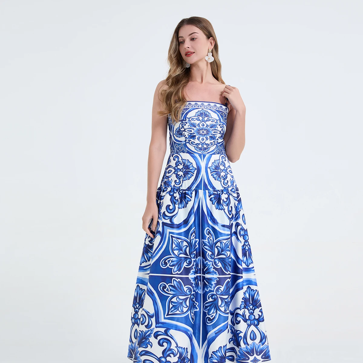 Retro Blue And White Porcelain Printed Camisole Dresses Women's Summer New Fashion Elegant Slim Fit Large Swing Long Dress
