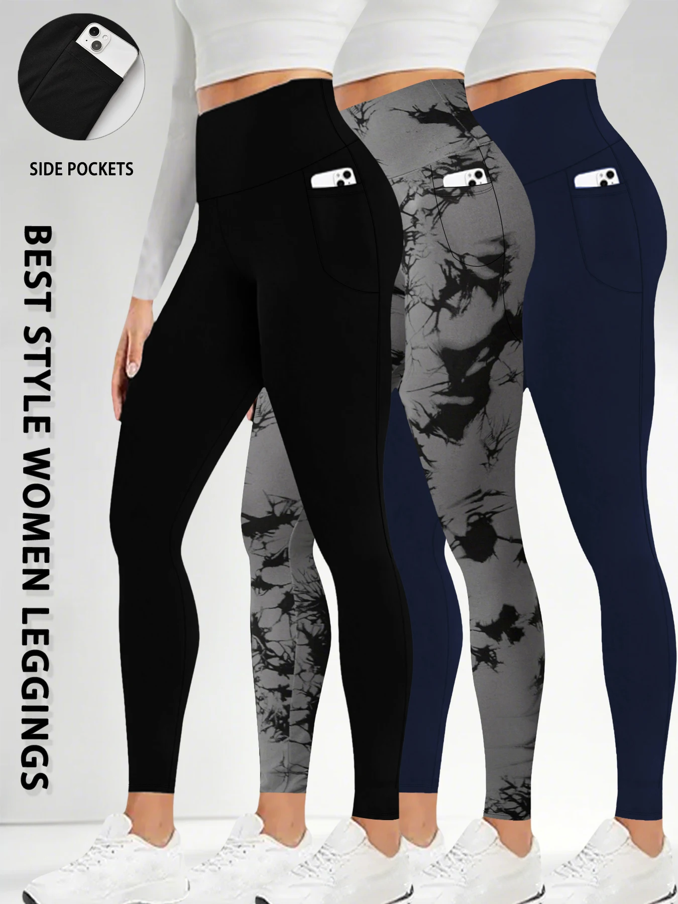 3 عبوات من السراويل الضيقة فائقة النعومة مع جيوب للنساء، سراويل ضيقة عالية الخصر للتحكم في البطن والتمارين واليوجا والجري #1