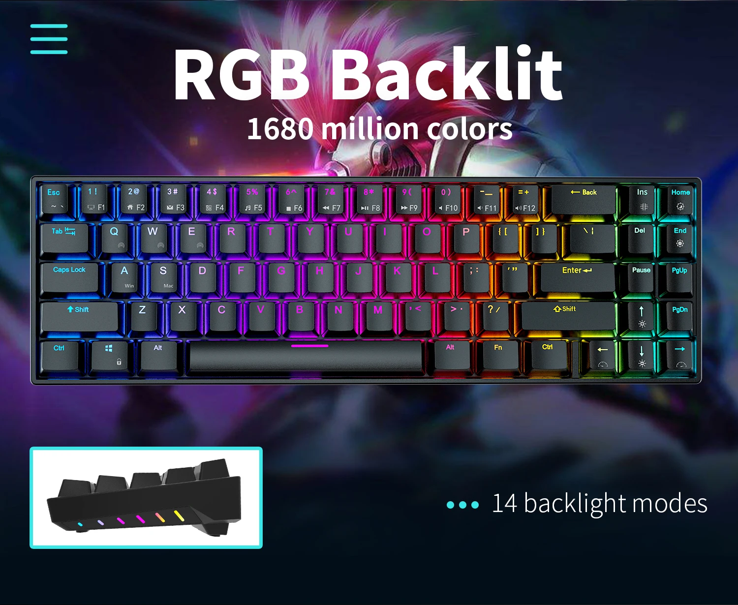 Imagem -03 - Royal Kludge Teclado Mecânico sem Fio Russo 70 Rgb Retroiluminado 71 Teclas Bluetooth Usb Teclado para Jogos Máquina de Escrever Rk71 rk