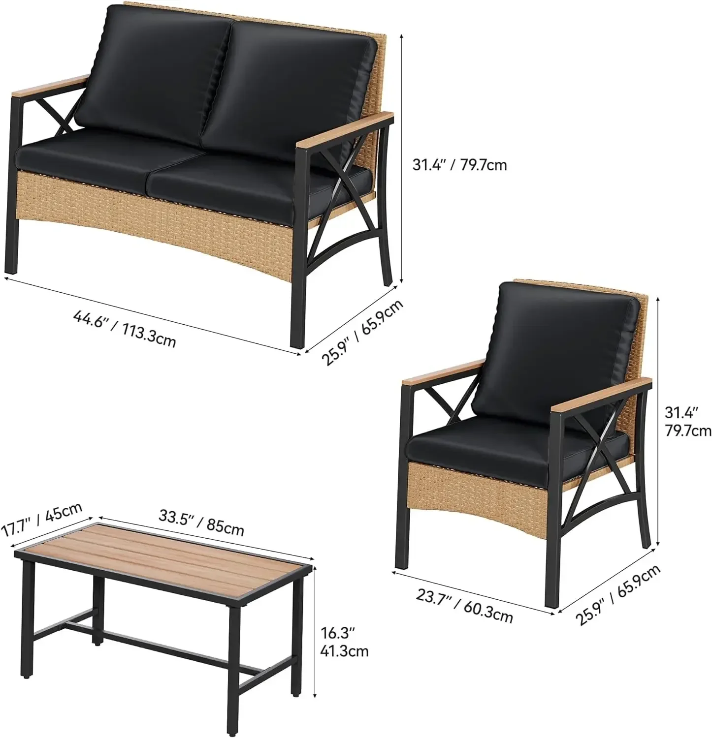 4-teiliges Patio-Korb möbel set mit Holz armlehne, Allwetter-Rattan-Gesprächs möbels ets für Hinterhof, Balkon