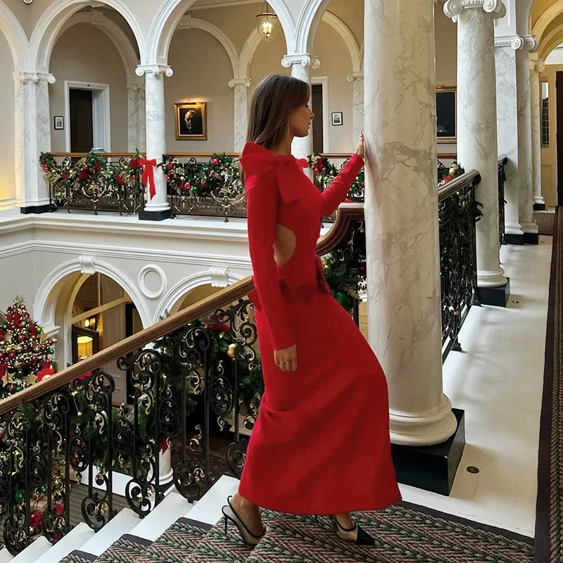 Elegante vestido maxi vermelho sem costas feminino com laço, manga comprida, bodycon recortado, vestidos de festa de Natal e Ano Novo, 2024