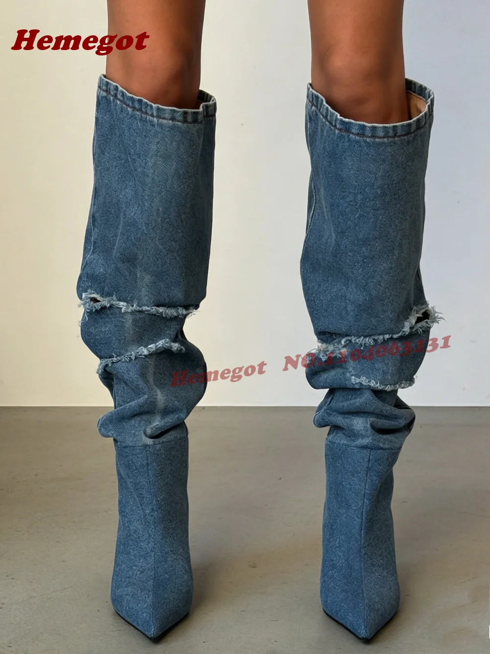 Denim Fringe Pleated Knee High Boots Pointed Toe Stiletto High Heels Women's Long Boots Winter Patchwork Casual Shoes 2026 New view 5