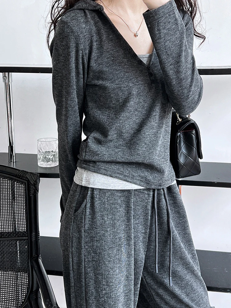 [EAM] Gray Soft Casual T-shirt Wide Leg Pants Three  Piece Suit New Hooded Long Sleeve Women Fashion Spring Autumn 2024 1DH6649