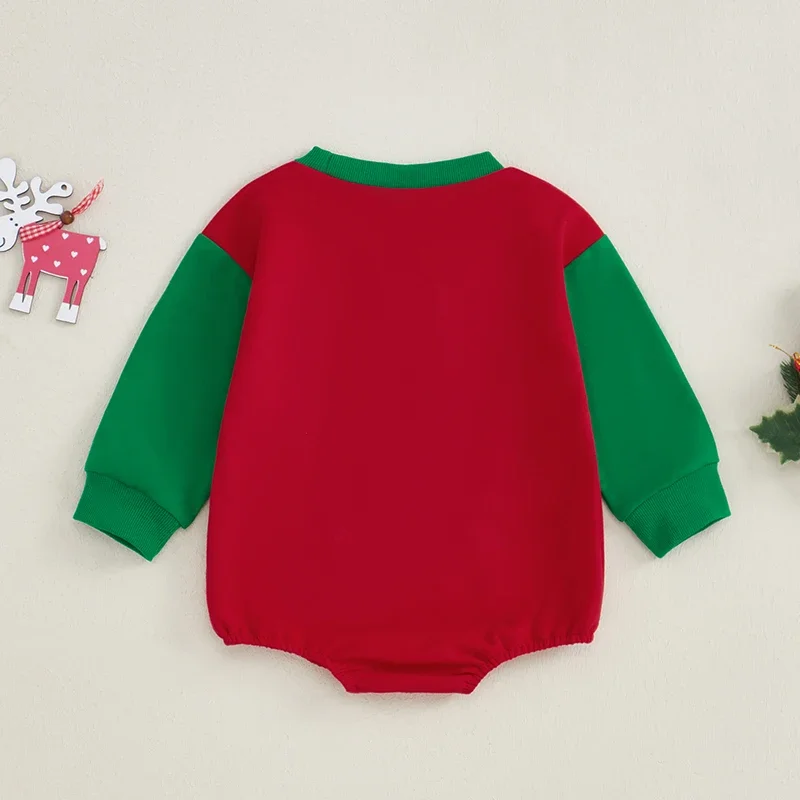 Christmas Newborn Baby Boys Girls Rompers Clothes Contrast Color Letter Embroidery Long Sleeve Crew Neck Bubble Jumpsuits