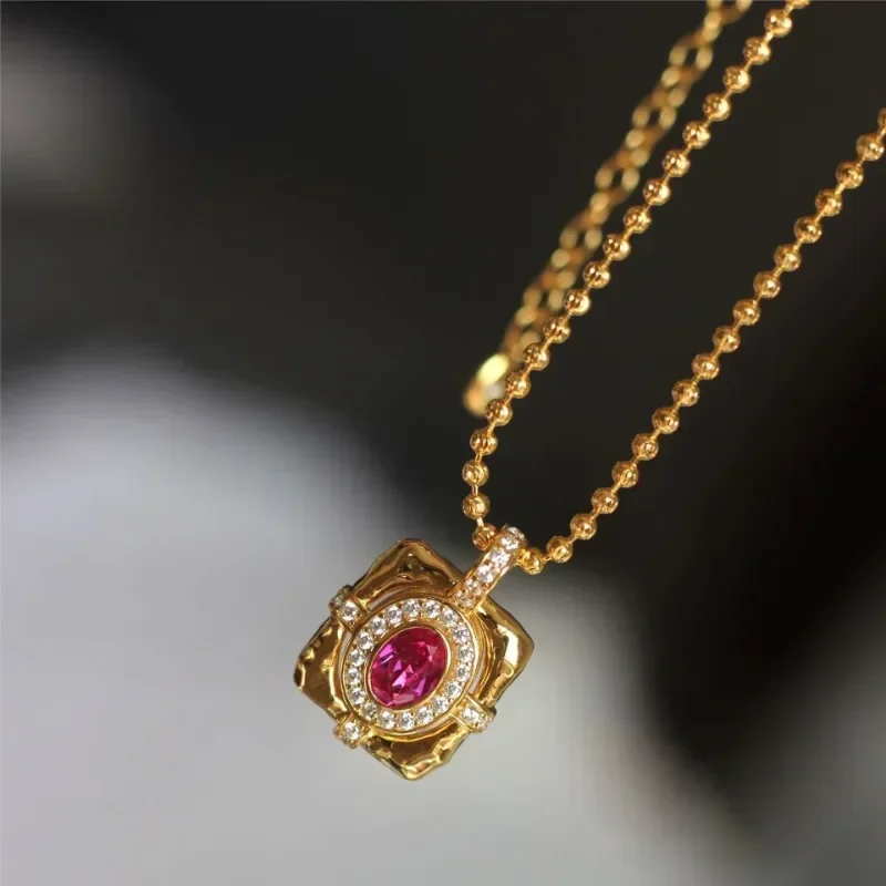 Vintage Court Style Square Necklaces Ruby Light Luxury Red Choker Pendant High Quality Collar Chain Wedding Jewelry Women