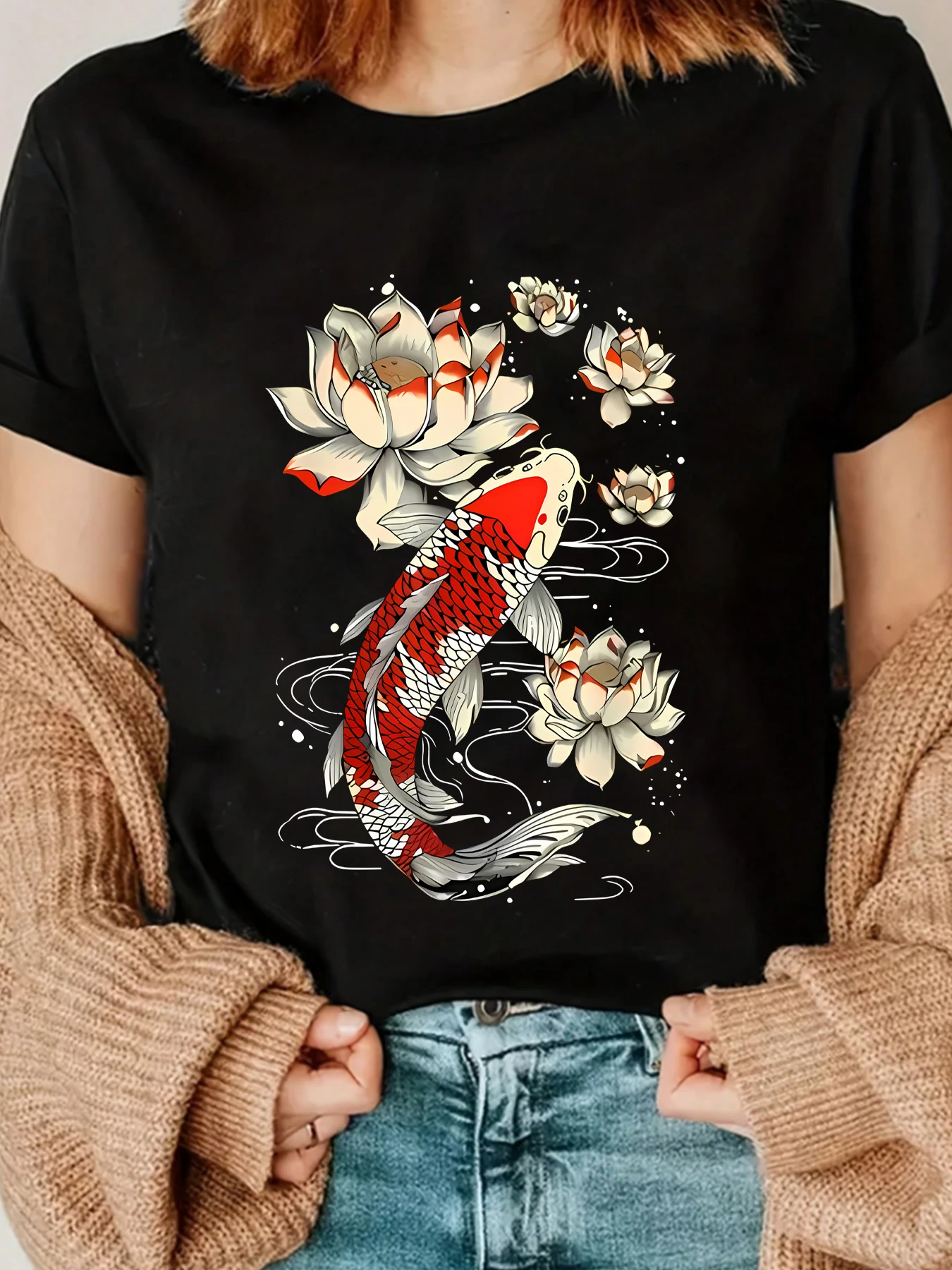 

Fish lotus Plus size women's round neck short sleeve T-shirt with elastic half sleeves and trendy prints