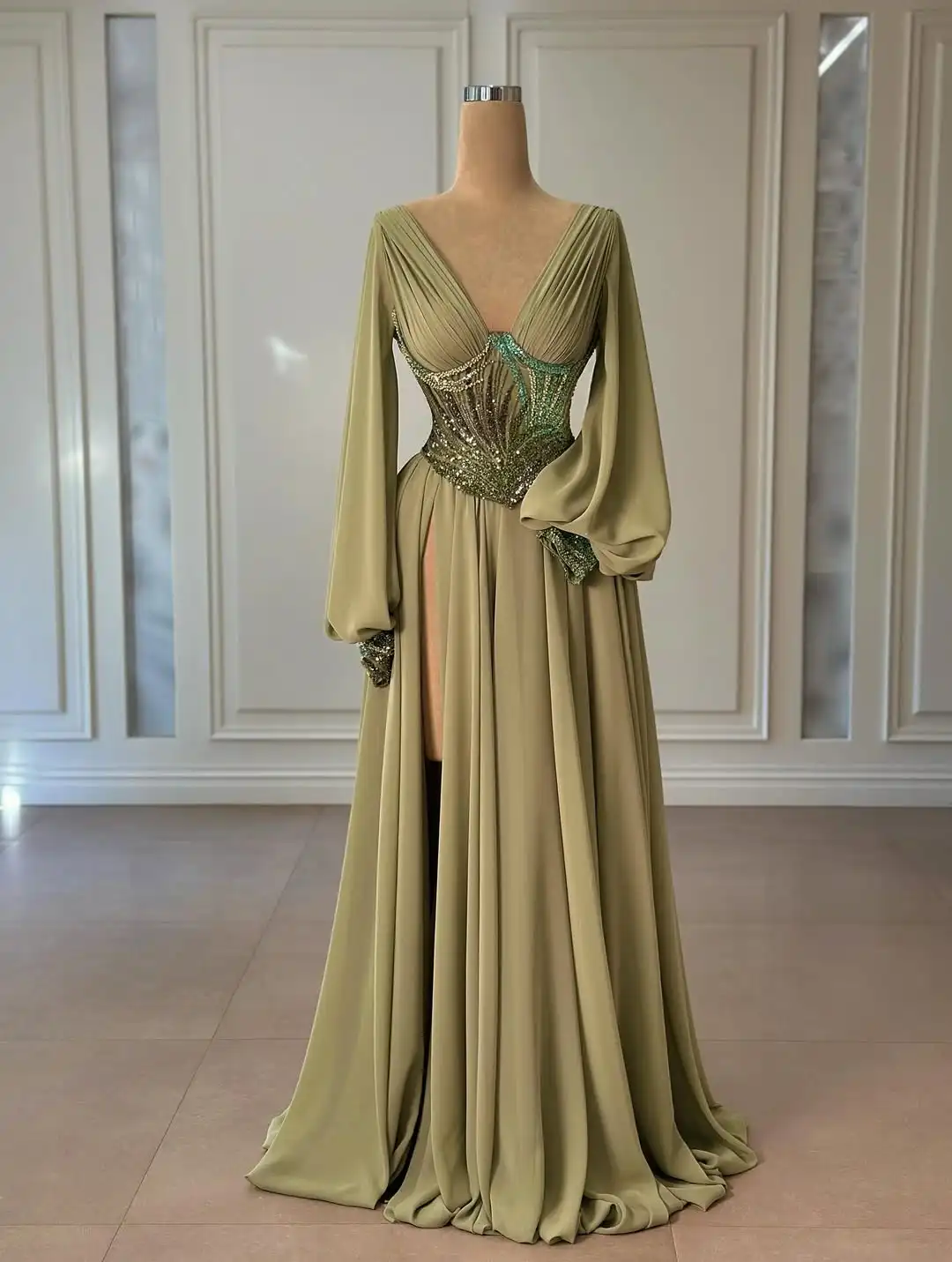 

Ofherown Sequin Beaded Corset High Slit Evening Dress Olive Green Deep V Neck Long Sleeve Maxi Prom Gown Elegant Party Dresses