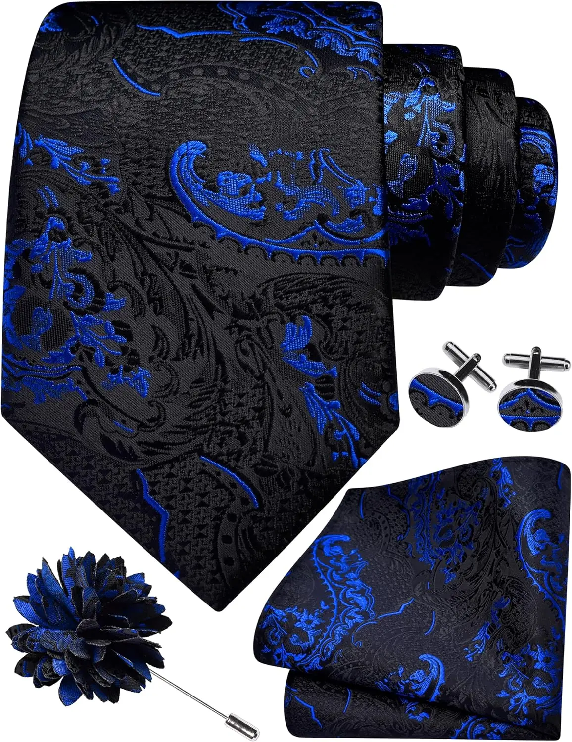 

8cm Paisley Tie Set for Men with Lapel Pin, Pocket Square & Cufflinks