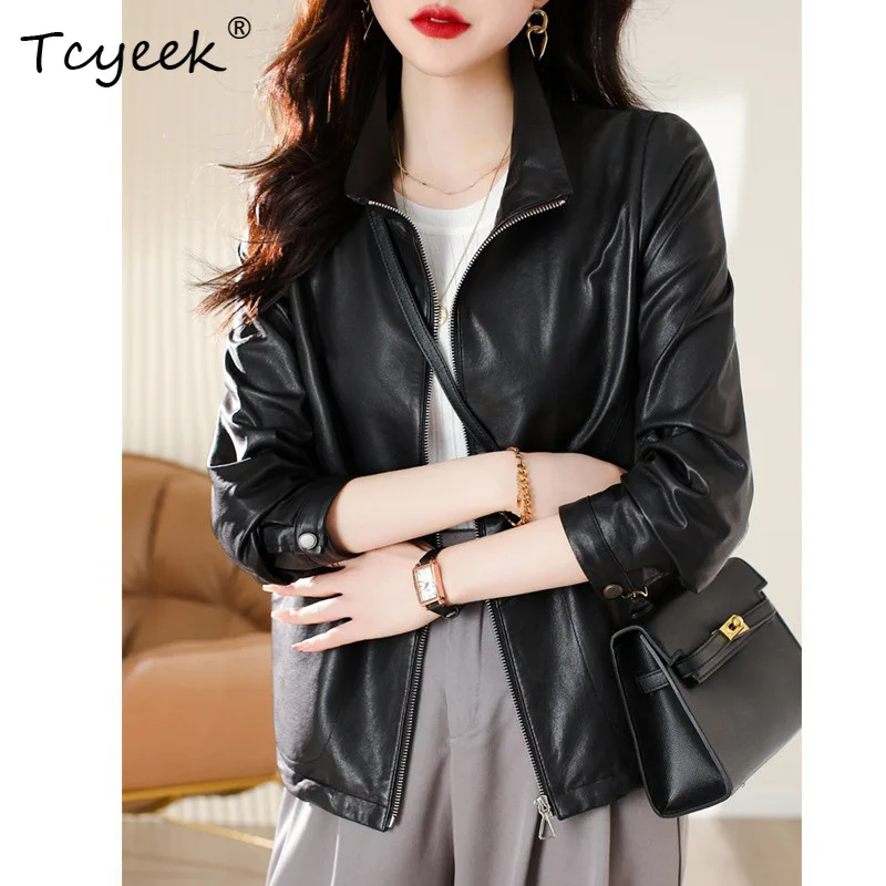 Tcyeek véritable peau De mouton printemps automne à la mode noir col montant femmes veste en cuir véritable Jaqueta De Couro légítimo Feminina