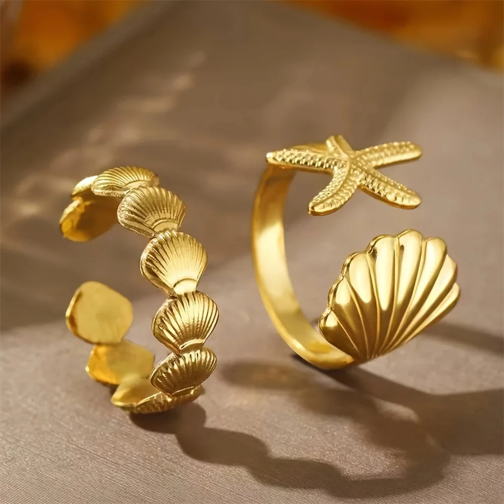 مجموعة خواتم قابلة للتعديل على شكل نجم البحر المحيط للنساء باللون الذهبي من الفولاذ المقاوم للصدأ قابلة للتكديس خاتم مفتوح هدية لقضاء عطلة الشاطئ
