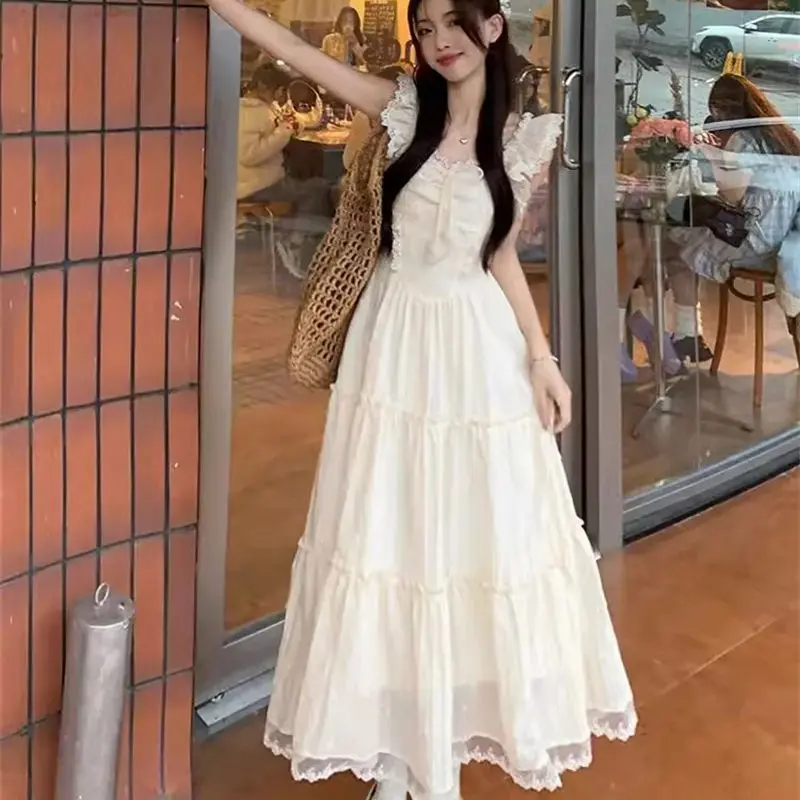 French Temperament Small Stature Tall Long Skirt With Waist Cinched Slim Small Flying Sleeve Suspender Dress 2024 Summer Dress