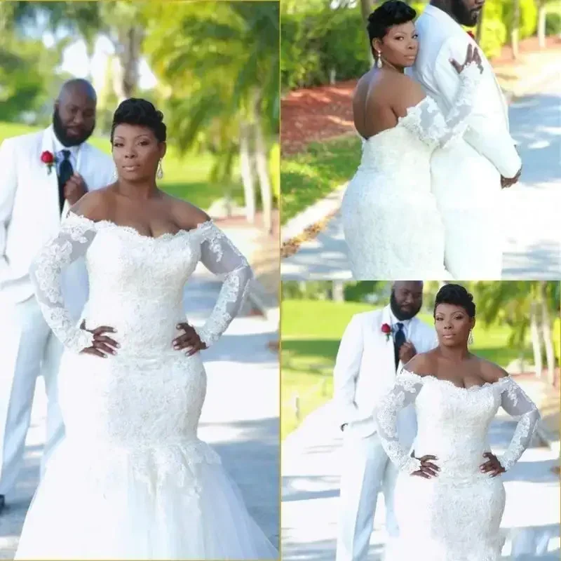 Customized White Plus Size Mermaid Wedding Dresses Off The Shoulder Long Sleeves Lace Bridal Gowns Cheap Garden African Wedding