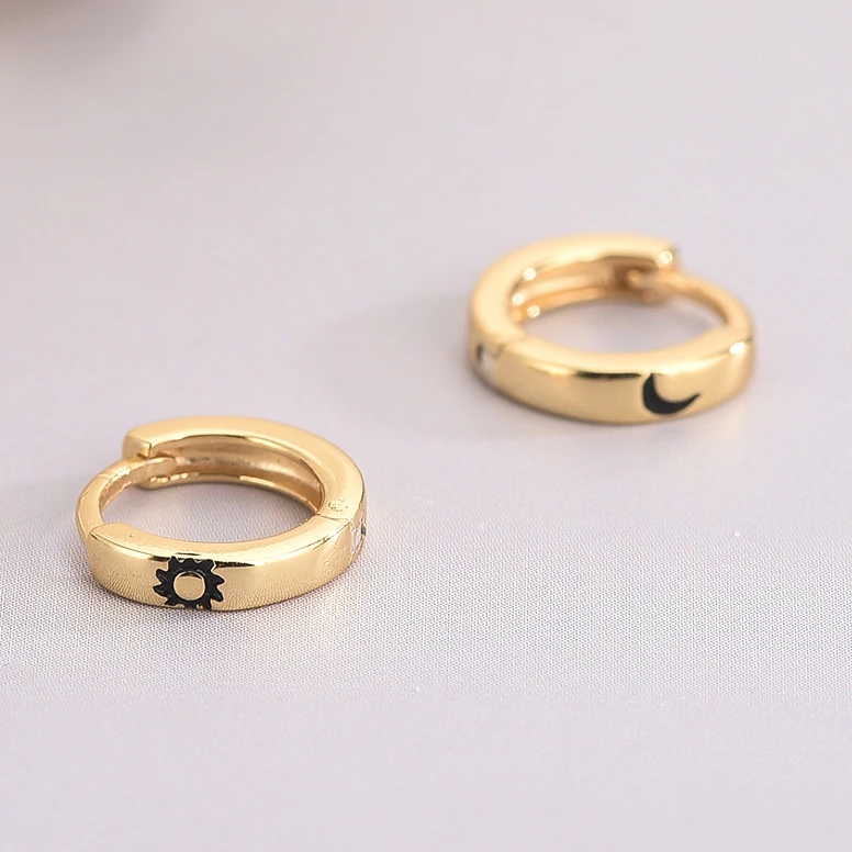 Real 925 Sterling Silver Sun and Moon Round Hoop Earring for Women Minimalist  Fine Jewelry Trendy Asymmetric Accessories image 4